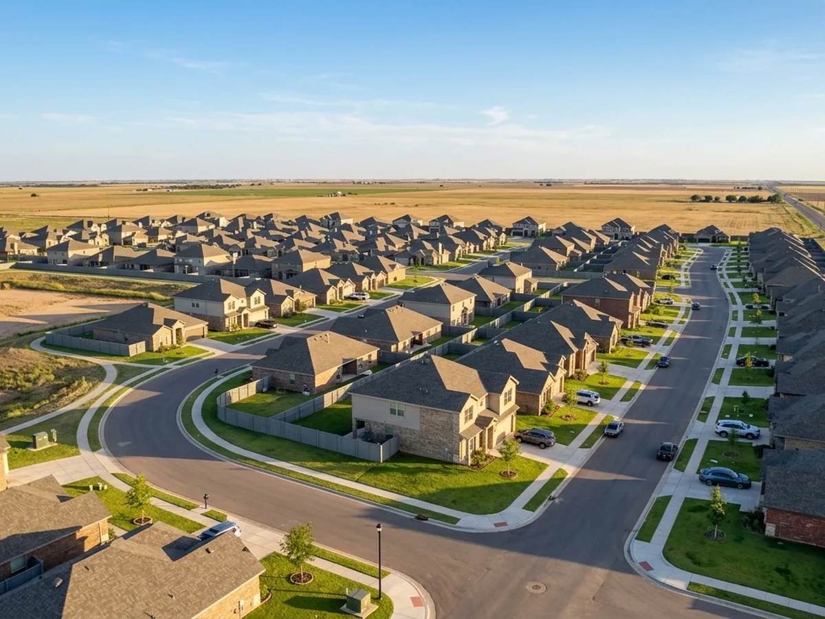 Aerial view of Lubbock rooftops where the neighborhood meets the open South Plains