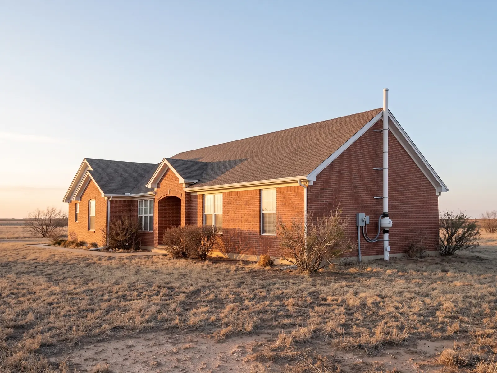 A brick ranch home on the flat West Texas plains with a radon mitigation vent pipe running up the gable end and venting above the roofline