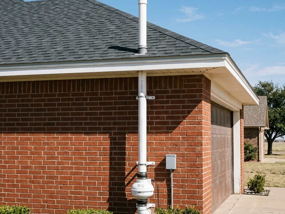 An independent radon professional mounts an exterior radon fan onto its vent pipe at a brick home