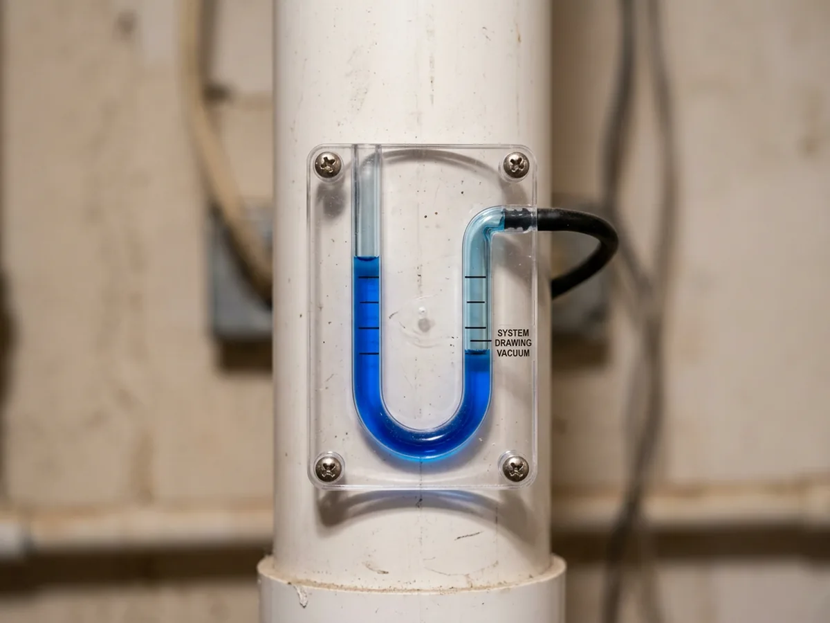 U-tube manometer on a radon system riser showing the system drawing vacuum