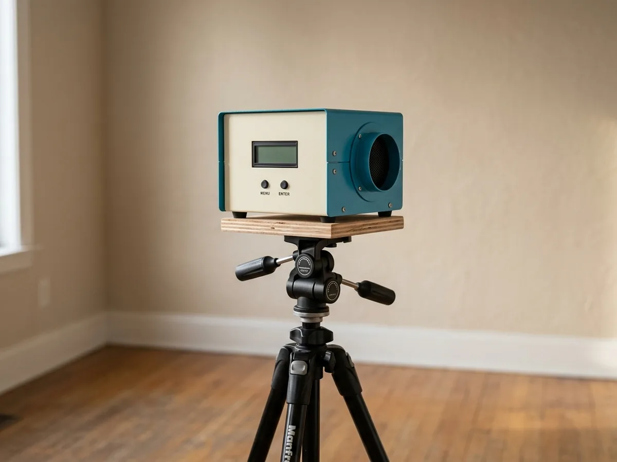 Continuous radon monitor set up on a tripod inside a Lubbock home during a 48-hour test