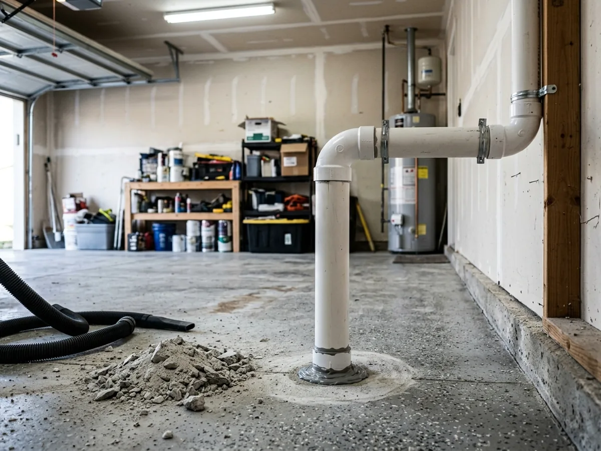 Sealed sub-slab suction point cored through a garage slab during a radon mitigation install